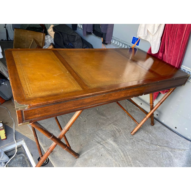 Vintage Campaign Distressed Leather Top Bamboo Executive Desk by Drexel Heritage For Sale - Image 11 of 18