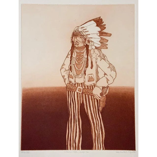 Paper 1980 Kevin Red Star Native American Crow Res Cop IV Sepia Tone Etching For Sale - Image 7 of 7