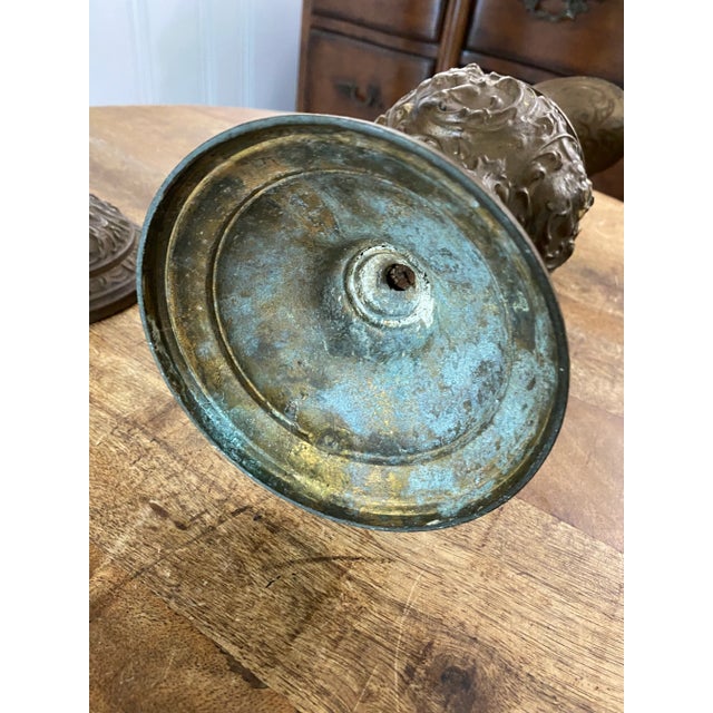 Metal Antique Guilded Cast Brass or Bronze Ornate Renaissance Ewers / Pitchers- a Pair For Sale - Image 7 of 12