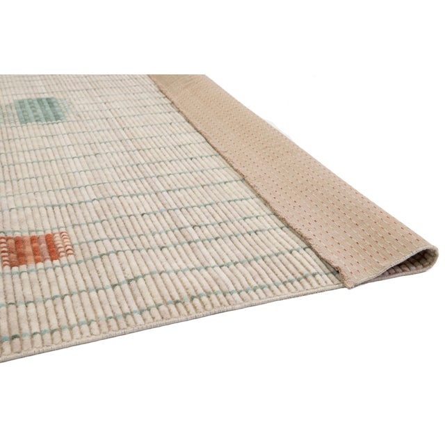 Modern Hand Loom Beige Wool Rug With Geometric Design For Sale - Image 4 of 11