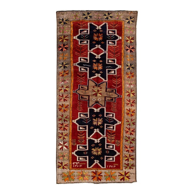 1960s Vintage Azeri Handmade Red Tribal Wool Runner For Sale