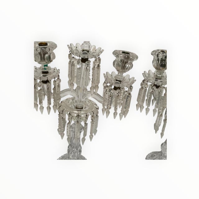 Transparent Vintage Pair 14" Modular Crystal 3-Light Candelabras Threaded European Lead Crystal Complete With Prisms For Sale - Image 8 of 12