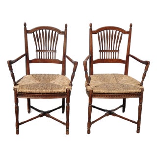 Pair of Vintage Rustic French Country Rush Seat Wheat Sheaf Arm Chairs ~ Lite 2 For Sale