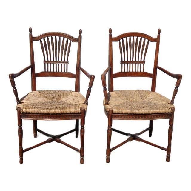 Pair of Vintage Rustic French Country Rush Seat Wheat Sheaf Arm Chairs ~ Lite 2 For Sale