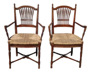 Pair of Vintage Rustic French Country Rush Seat Wheat Sheaf Arm Chairs ~ Lite 2