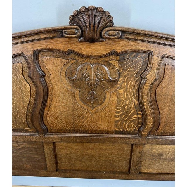 Wood Vintage French Louis XVI Style Oak Double Bed Frame with Carved Headboard For Sale - Image 7 of 10