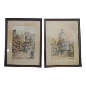 Vintage 1946 Colored Pencil Drawings of German Cityscapes - a Pair, Framed