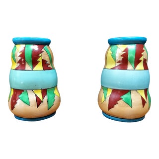 Pair of 1950s Gold Castle Chikusa Japan Hand Painted Colorful Geometric Vases For Sale
