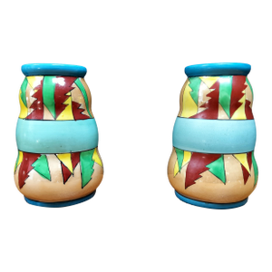 Pair of 1950s Gold Castle Chikusa Japan Hand Painted Colorful Geometric Vases