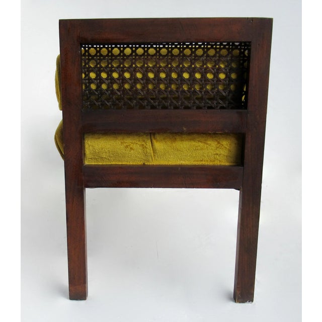 C.1970's Crushed Velvet Velour Button-Tufted Upholstered Caned Wood Bench With Bolster Pillows For Sale - Image 14 of 18