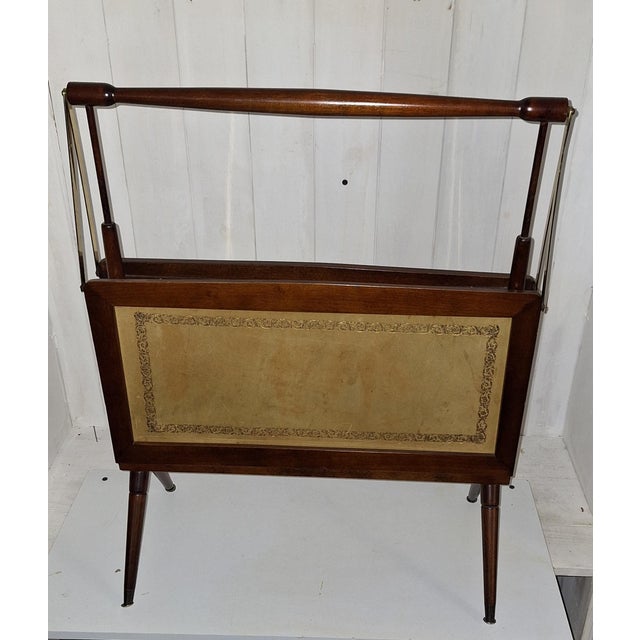 Vintage English Collapsible Newspaper Rack in Mahogany with Brown Gold-Embossed Goatskin Leather, 1970s, in Very Good...