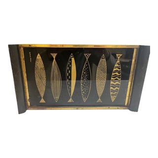 1950s Fred Press Black & Gold Glass Fish Tray For Sale