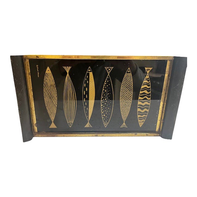 1950s Fred Press Black & Gold Glass Fish Tray For Sale