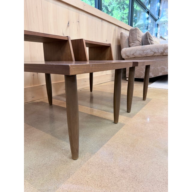 Wood Pair of Vintage Mid-Century Modern Walnut Step Side Tables With Magazine Shelves For Sale - Image 7 of 7