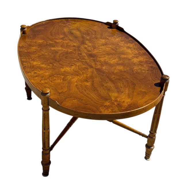 French Provincial Mid 20th Century Heritage Burl Walnut French Provincial Louis XVI Oval Coffee Table For Sale - Image 3 of 5