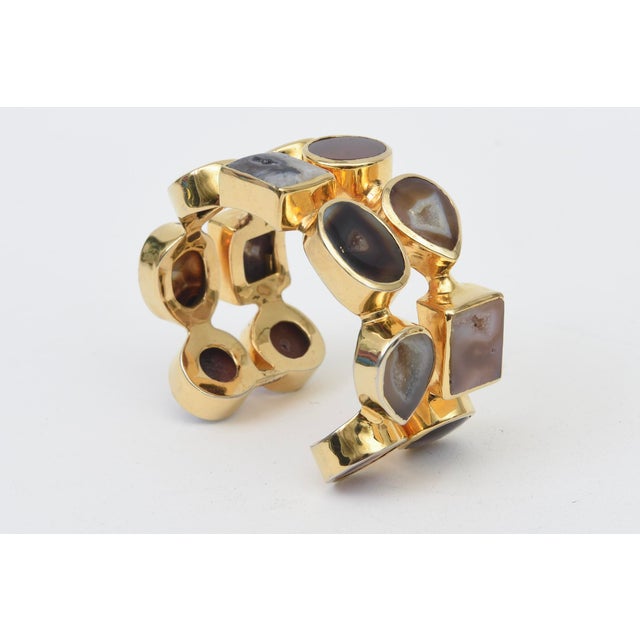 Modern Gold Plated Two Row Cuff Bracelet With Agate Stones, 1990's For Sale - Image 3 of 11