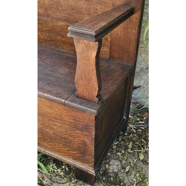 Antique American Quarter Sawn Tiger Oak Hall Tree With Beveled Mirror & Storage Bench For Sale - Image 10 of 18