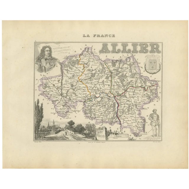 Map of Allier France with Saint-Pourçain Wine Region by Vuillemin, 1800s For Sale
