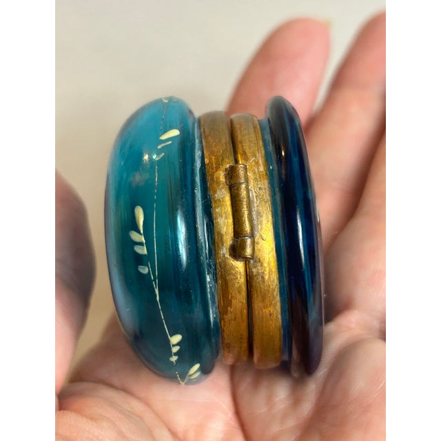 Antique Victorian Vanity Trinket Box Bohemian Floral Painted Cobalt Blue Glass For Sale In Orlando - Image 6 of 12