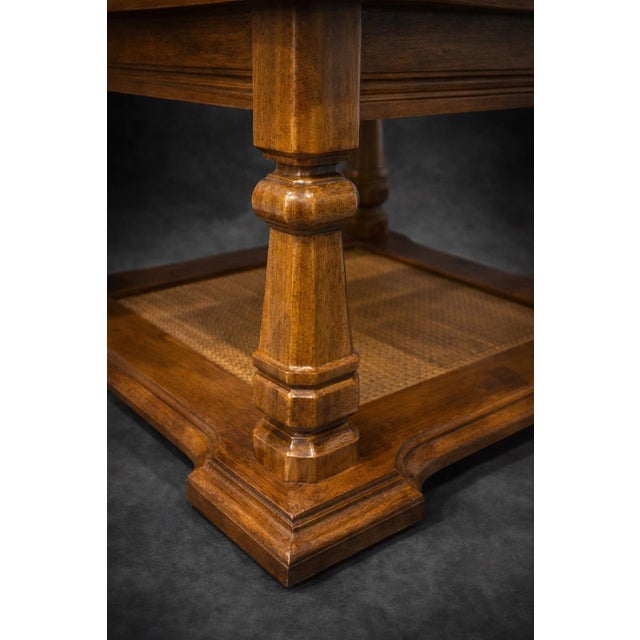 1980s Vintage Burnt Teak Glass Top Accent Table With Cane Shelf – Square Traditional Side Table For Sale - Image 5 of 7