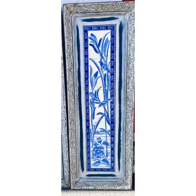 Pair of Framed Hand-Painted Chinoiserie Blue & White Ceramic Tile Panels From a Hollywood Props House For Sale - Image 4 of 11