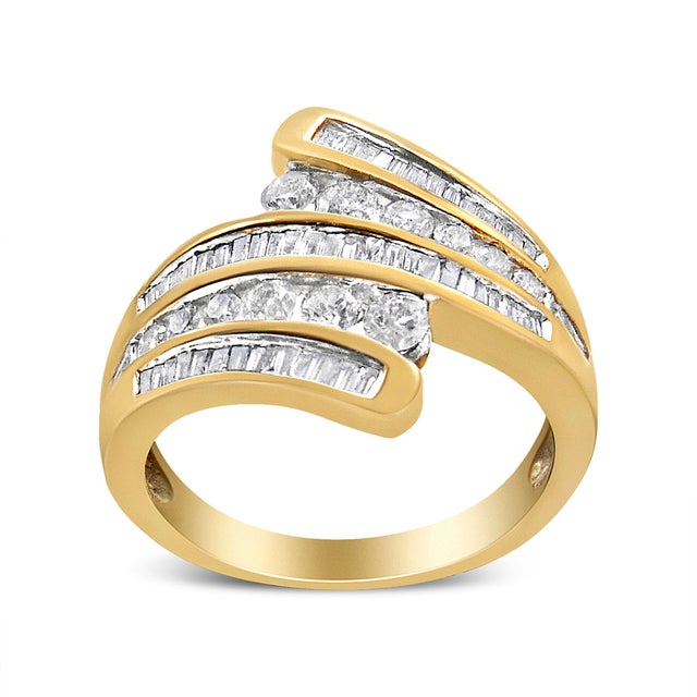 10K Yellow Gold 1 Cttw Round and Baguette-Cut Diamond Multi Row Bypass Ring Band (H-I Color, I1-I2 Clarity), Size 7 For Sale In New York - Image 6 of 9