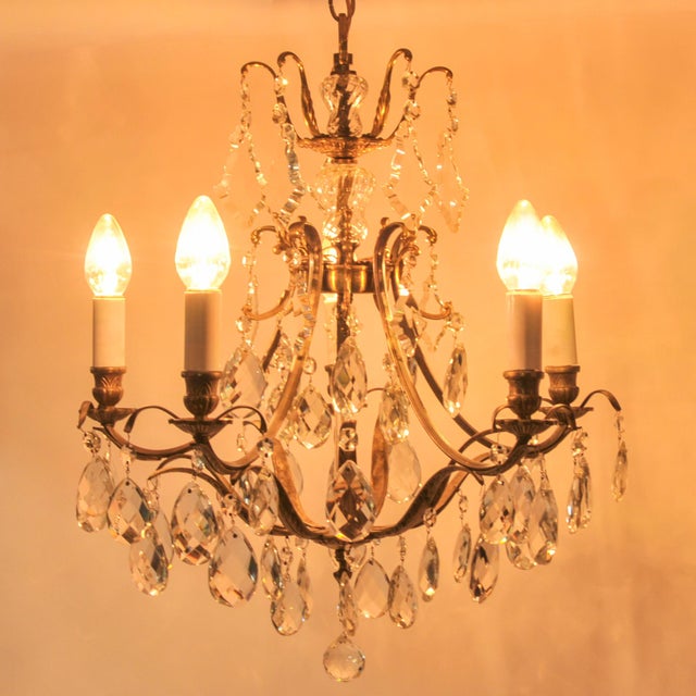 Vintage Brass and Crystal Chandelier 5 Light Baroque Rococo Revival Made in Sweden For Sale - Image 16 of 18
