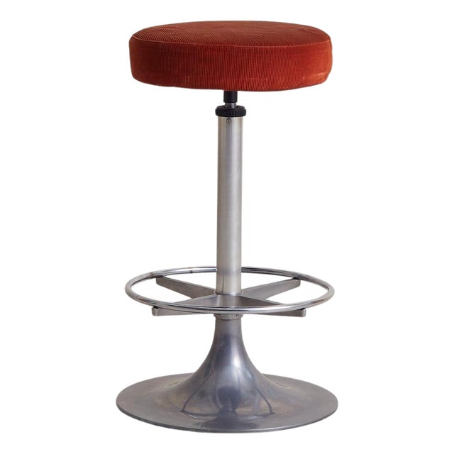 French Chrome Bar Stool in Original Burnt Orange Corduroy, 1960s For Sale