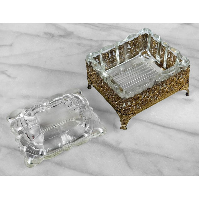Glass Vintage Rococo Gold Filigree & Scalloped Glass Vanity Trinket Box For Sale - Image 7 of 10