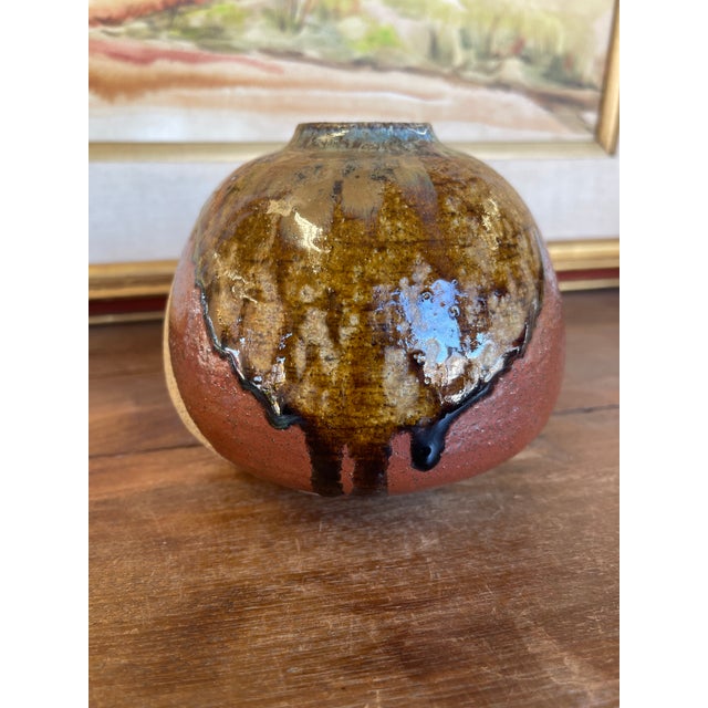 Brown Vintage Studio Pottery Vase, Signed and Dated 1998, Rounded Form With Drip Glaze For Sale - Image 8 of 9