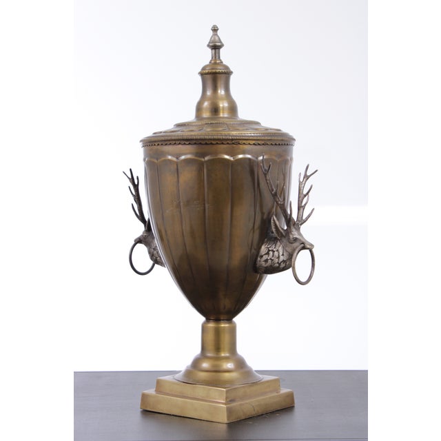 Neoclassical Pair of Vintage Brass Trophy Lidded Deer Urns For Sale - Image 3 of 14