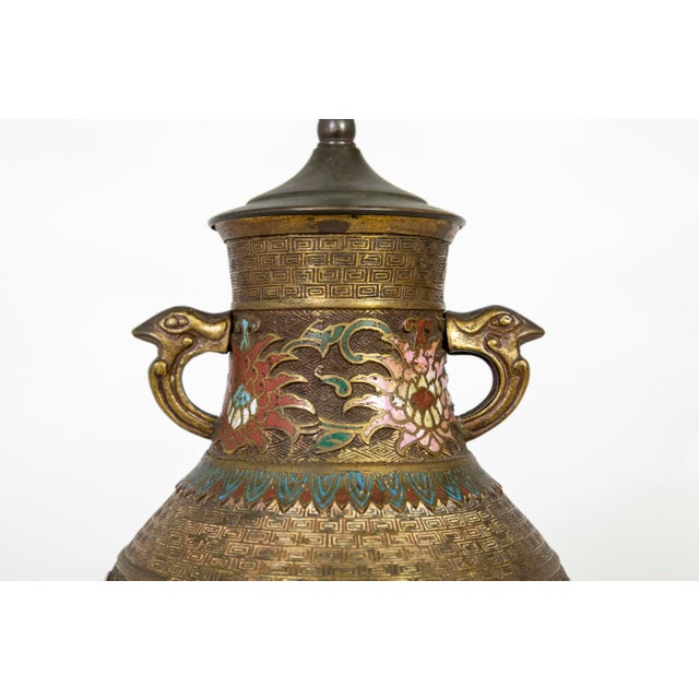Asian Antique 1900s Asian Etched Bronze & Champleve Enamel Urn Vase as Lamp For Sale - Image 3 of 11