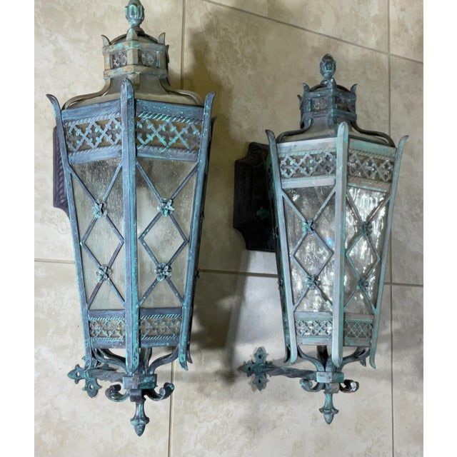 1980s 1980s Large Pair of Handcrafted Wall-Mounted Solid Brass Lanterns / Sconces For Sale - Image 5 of 18