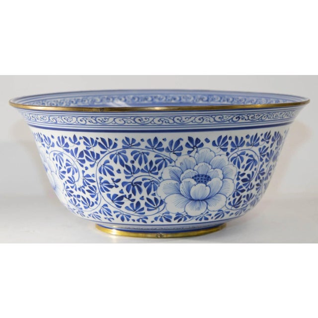 Vintage Maitland Smith large decorative blue and white porcelain bowl with brass rim. Thai Hand-painted porcelain bowl...