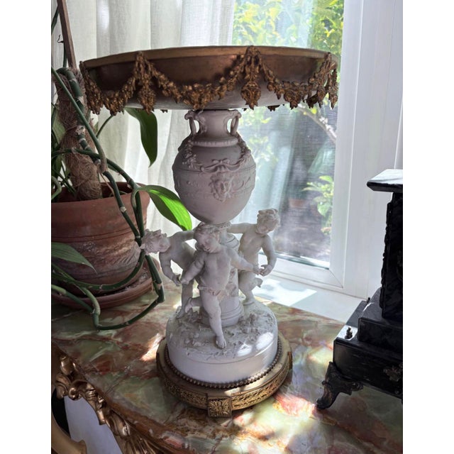 Traditional Antique Porcelain Three-Putti Centerpiece With Gilt-Metal Tray, 17” For Sale - Image 3 of 10