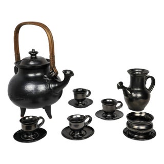 Tea Service in Black Ceramic by Jean Marais, 1980, Set of 7 For Sale