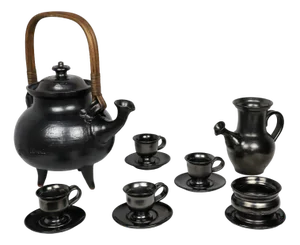 Tea Service in Black Ceramic by Jean Marais, 1980, Set of 7