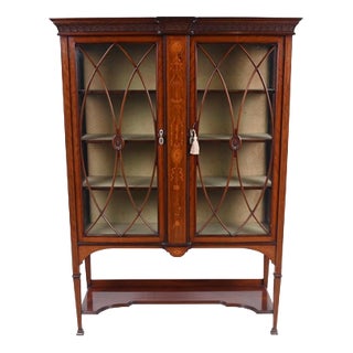 Edwardian Sheraton Revival Inlaid Mahogany Display Cabinet with Glazed Doors, 1890s For Sale