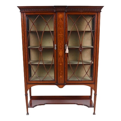 Edwardian Sheraton Revival Inlaid Mahogany Display Cabinet with Glazed Doors, 1890s For Sale