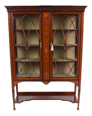 Edwardian Sheraton Revival Inlaid Mahogany Display Cabinet with Glazed Doors, 1890s