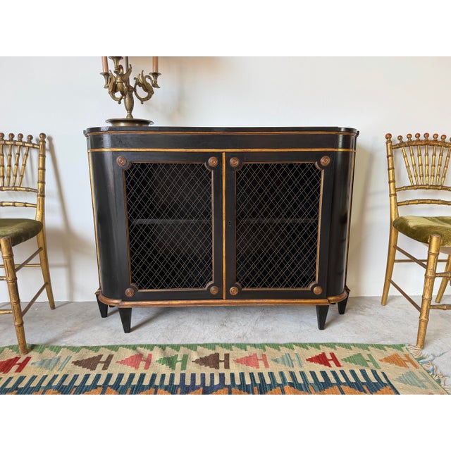 Hollywood Regency 1930s Hollywood Regency Ebonized & Giltwood Wire-Mesh Door Cabinet For Sale - Image 3 of 12