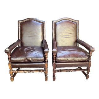 Pair of Mid 20th Century English Style Wood and Leather Armchairs For Sale