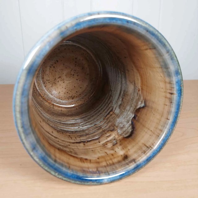 Blue Hand Thrown Studio Art Vase Signed Drip Glaze Grapes Vines Motif Pottery Stoneware For Sale - Image 8 of 10