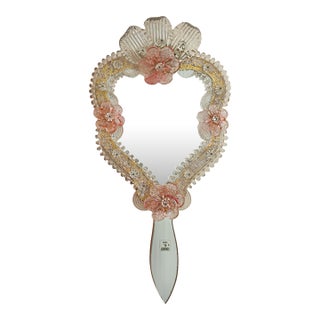 1980s Vetri Murano Art Glass Floral Hand Mirror-Form Wall Mirror For Sale