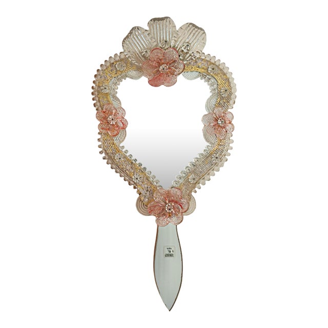 1980s Vetri Murano Art Glass Floral Hand Mirror-Form Wall Mirror For Sale