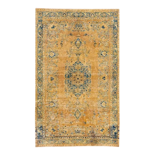 1960s Vintage Persian Distressed Handmade Floral Tan Wool Rug For Sale
