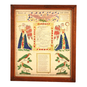 Pa German Fraktur Taufschein Watercolor & Ink Birth/Baptismal Certificate C1857