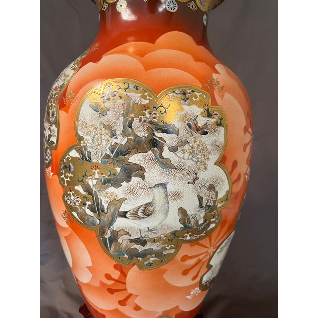 Ceramic Antique Japanese Meiji Period Satsuma Floor Vase on Stand, Hand Painted Bird Panels, 21” For Sale - Image 7 of 11