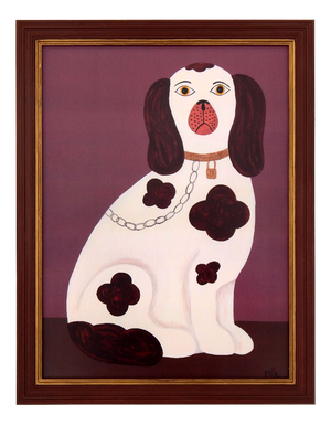 Matt Rix, Naive Style Right Facing Staffordshire Spaniel on Mantel, Dusky Pink, Print, Framed
