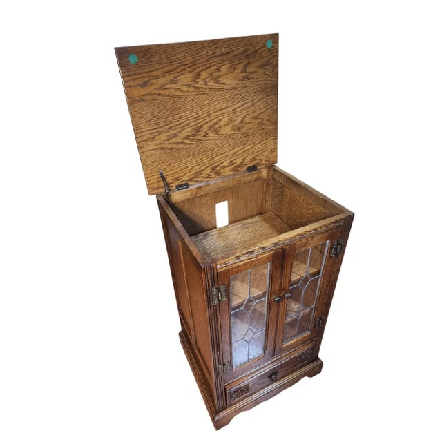 Mid 20th Century Old Charm Wood Brothers Solid Oak Entertainment Cabinet For Sale - Image 4 of 8